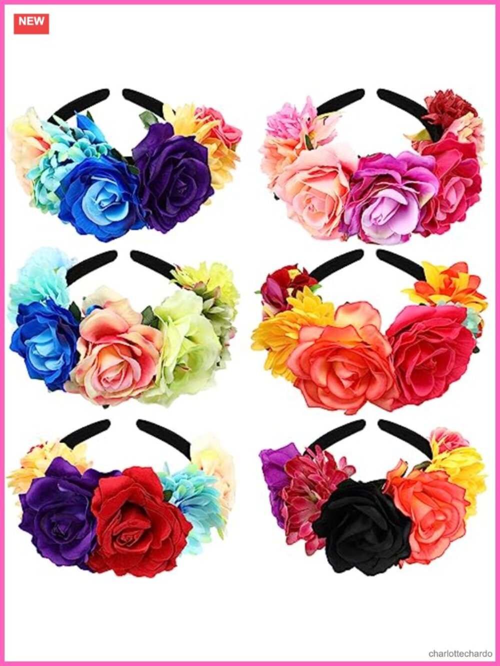 6 Pc Floral Rose Flower Crown Headbands Polyester Festival Party Hair